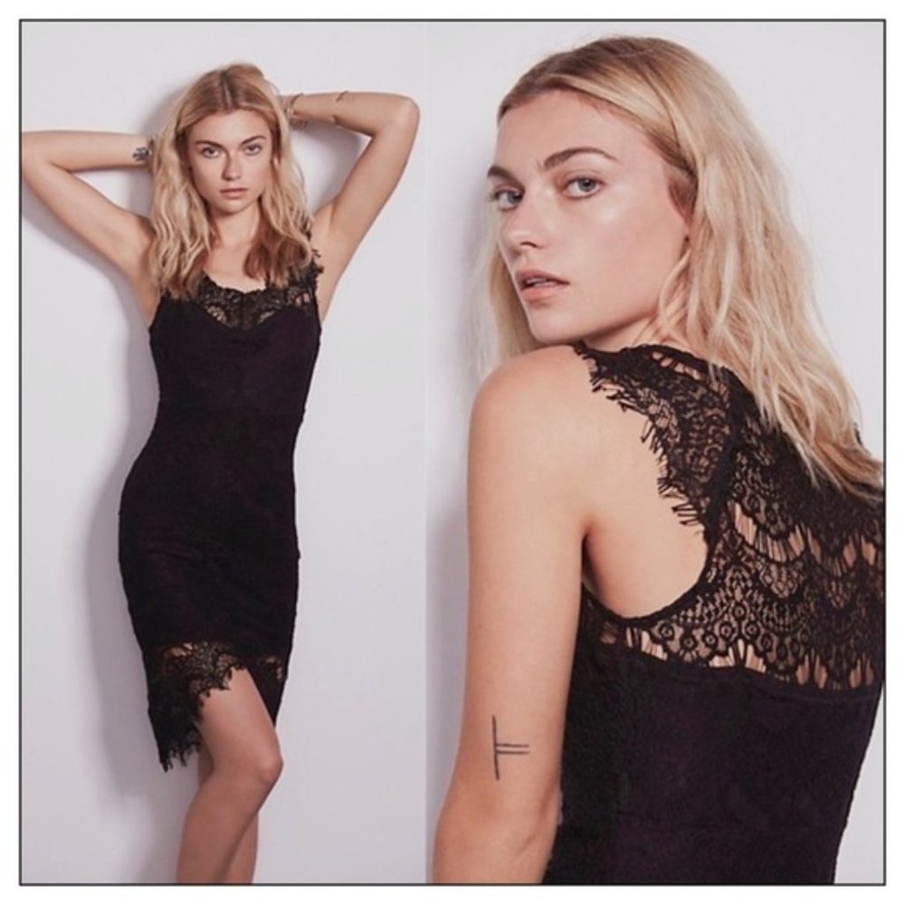 Intimately Free People Black Peekaboo Scalloped Lace Slip Dress